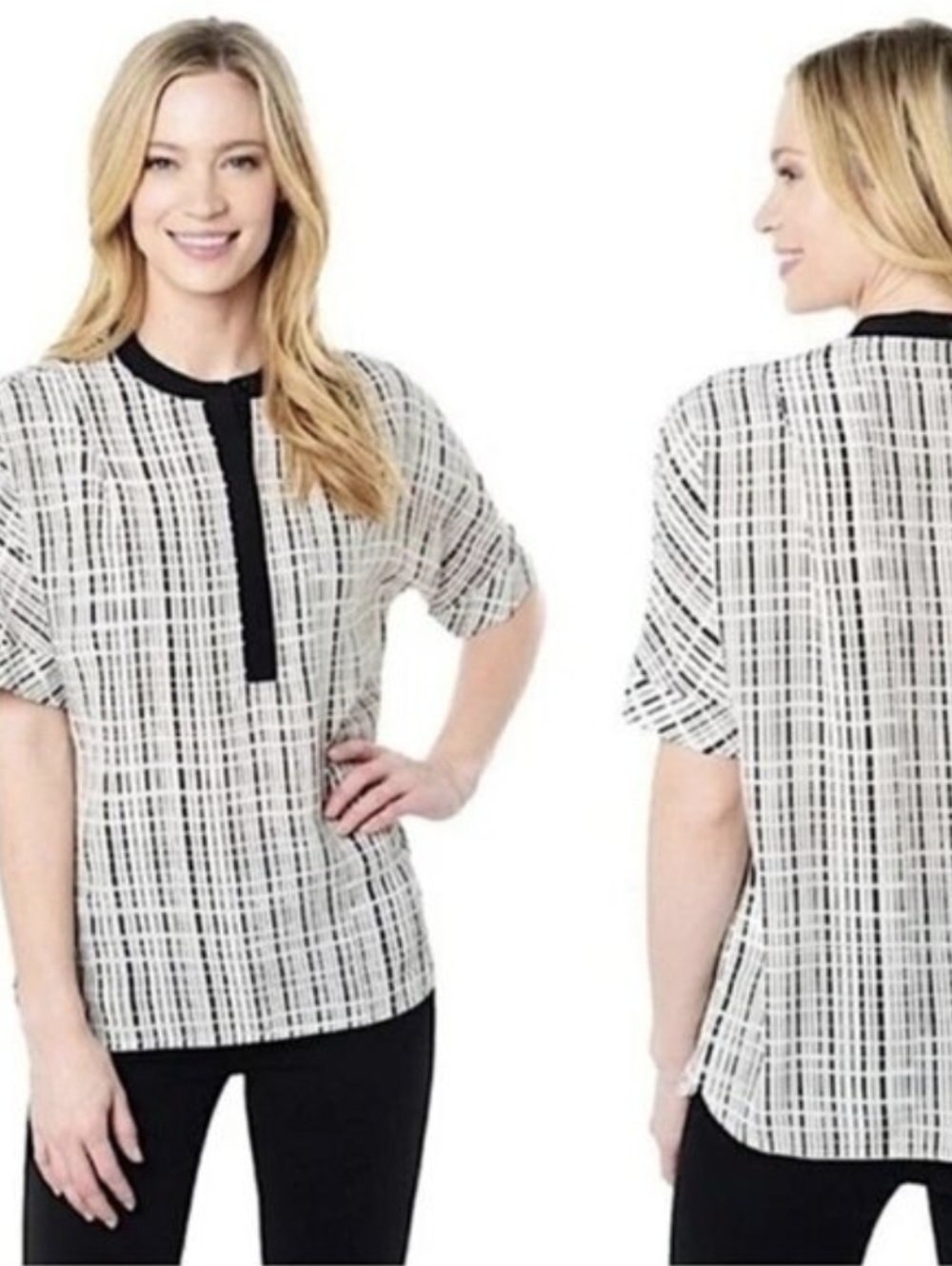 Vince Interlace Grid Black/White 100% Silk Top Split-neck Tunic Blouse Sz 6 NWOT